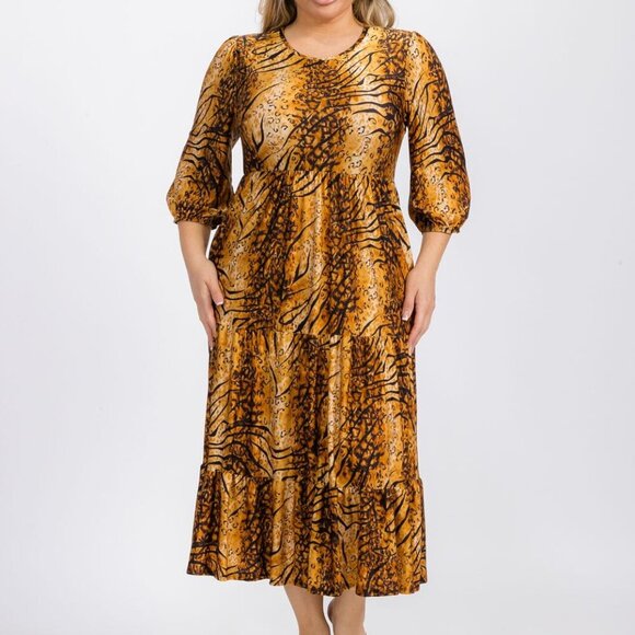 Tiger Print Blossom 3/4 Sleeve Front Pocket Tiered Midi Dress - Picture 7 of 15